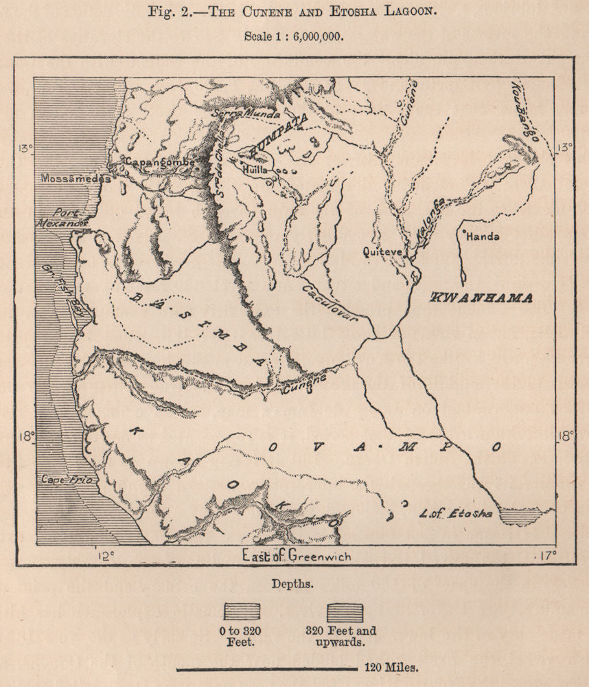 Cunene River. Etosha Lagoon/NP. Skeleton Coast. Angola Namibia 1885 old map